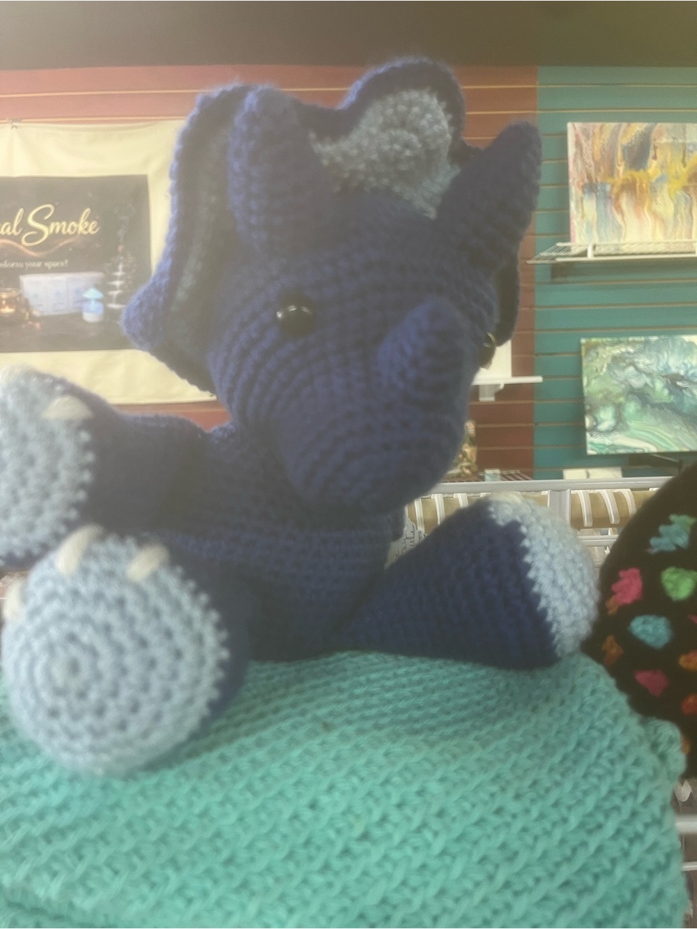 Handmade Navy and Light Blue Crochet Triceratops Plush